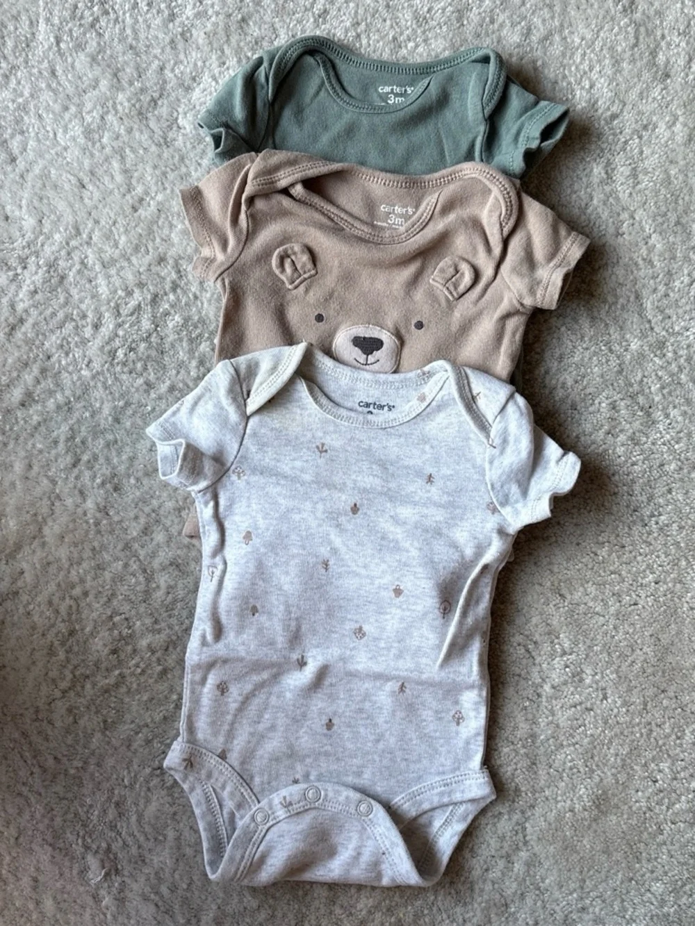 Carter's Three-Pack Neutral Short-Sleeve Baby Bodysuits - Green, Brown, Gray